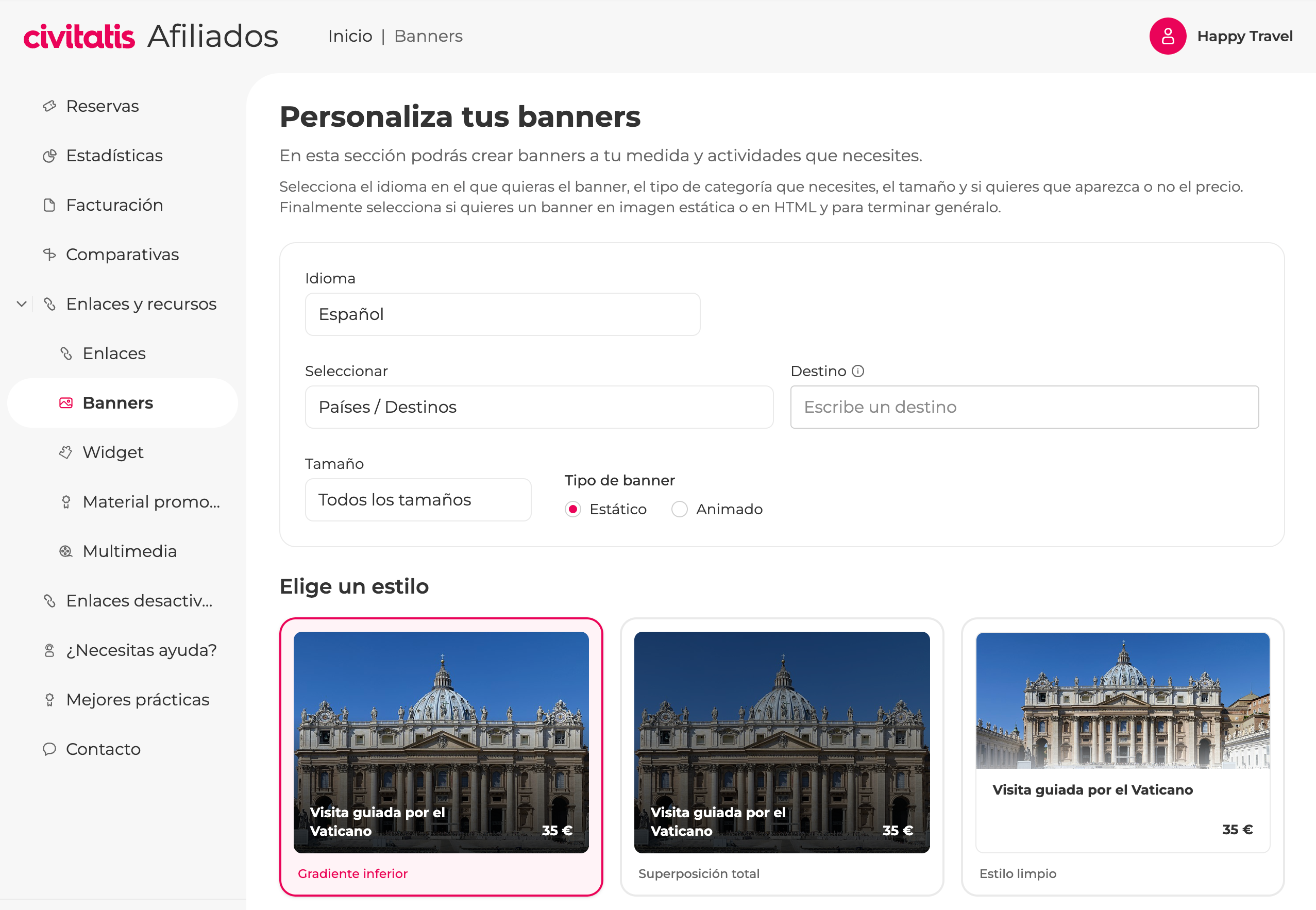 Affiliates — custom banner generator with style and destination options
