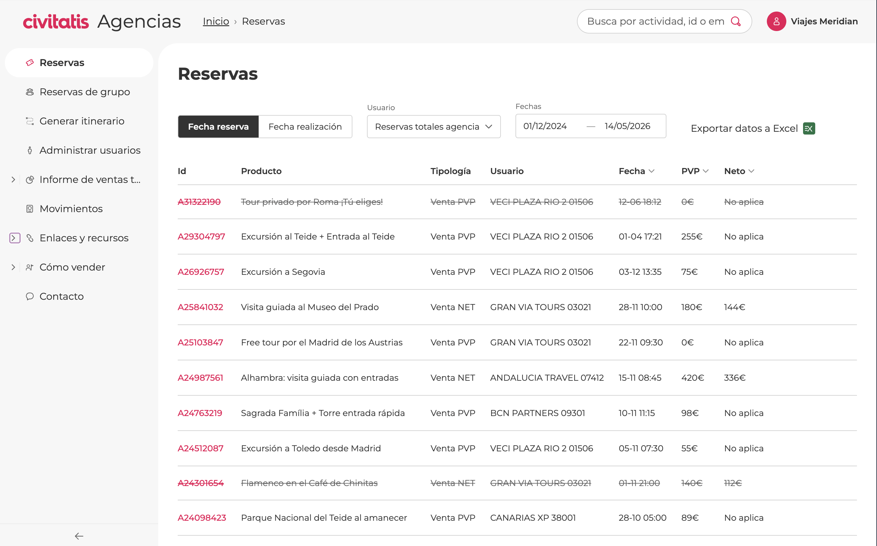 Agencies — bookings management table with filters and search