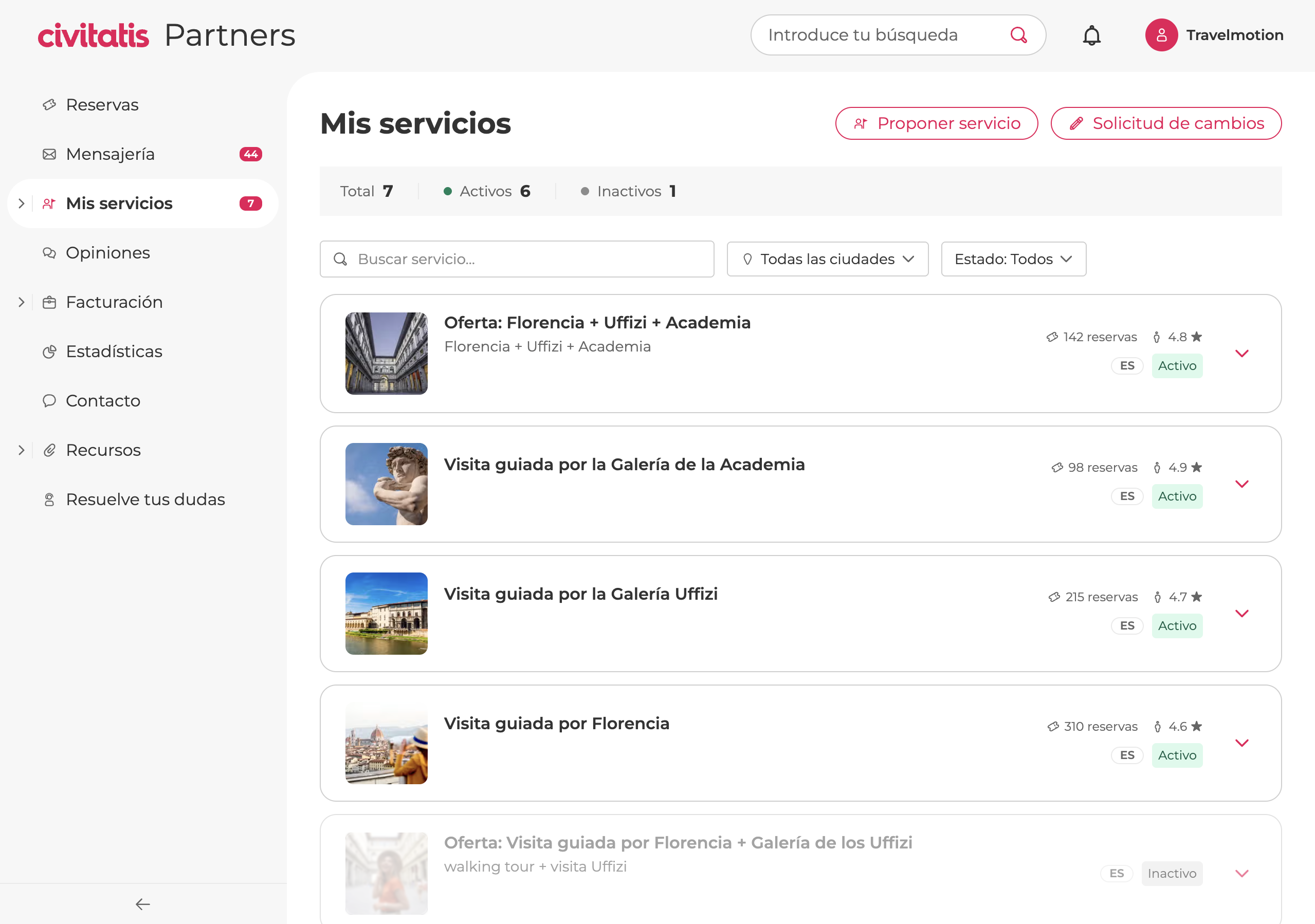 Supply — services management with activity listing and status overview