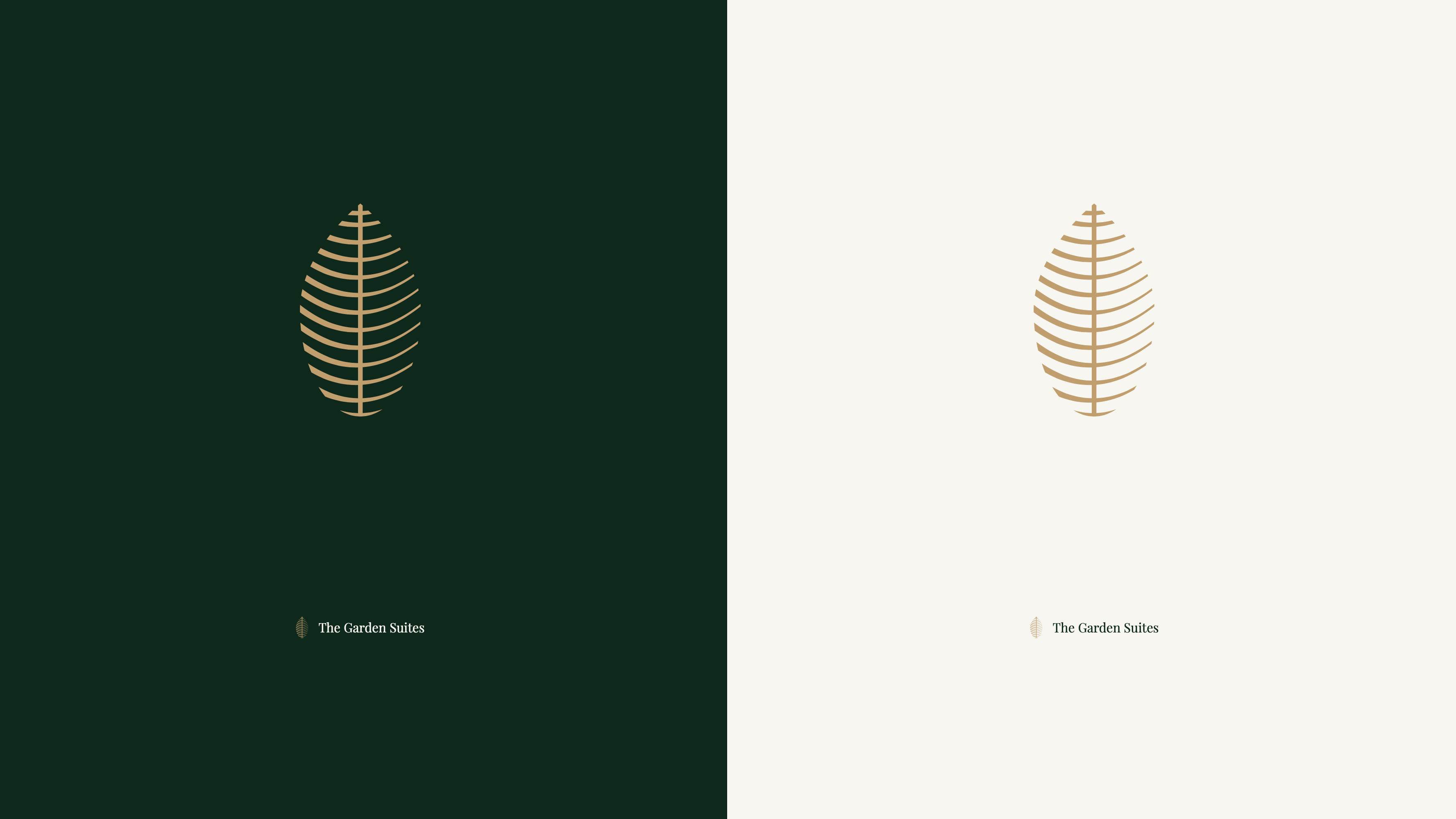 The Garden Suites — isotype on dark forest and cream backgrounds, with wordmark lockup