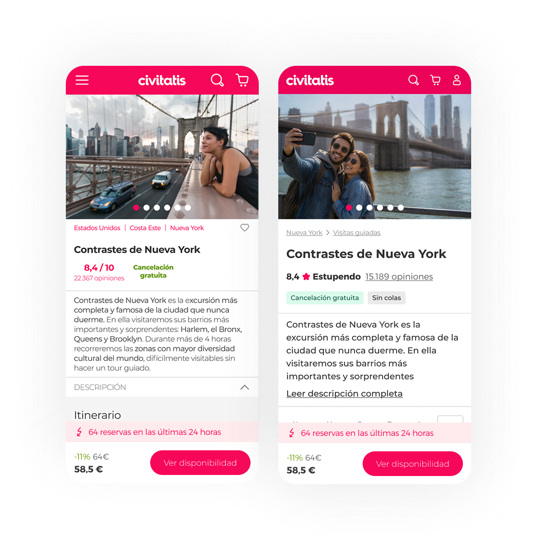 Mobile PDP above-the-fold redesign — before and after, with the rating promoted to a star + semantic label and the long description collapsed