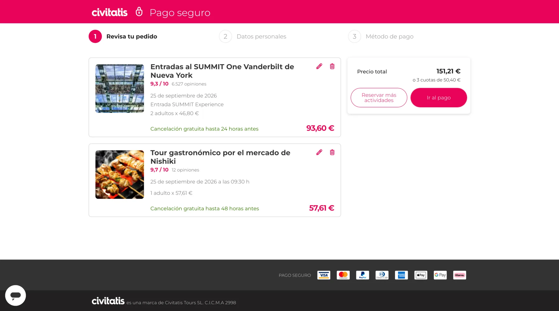 Original checkout flow: clicking Reservar sent users to a dedicated 'Pago seguro' review page as step 1 of the checkout