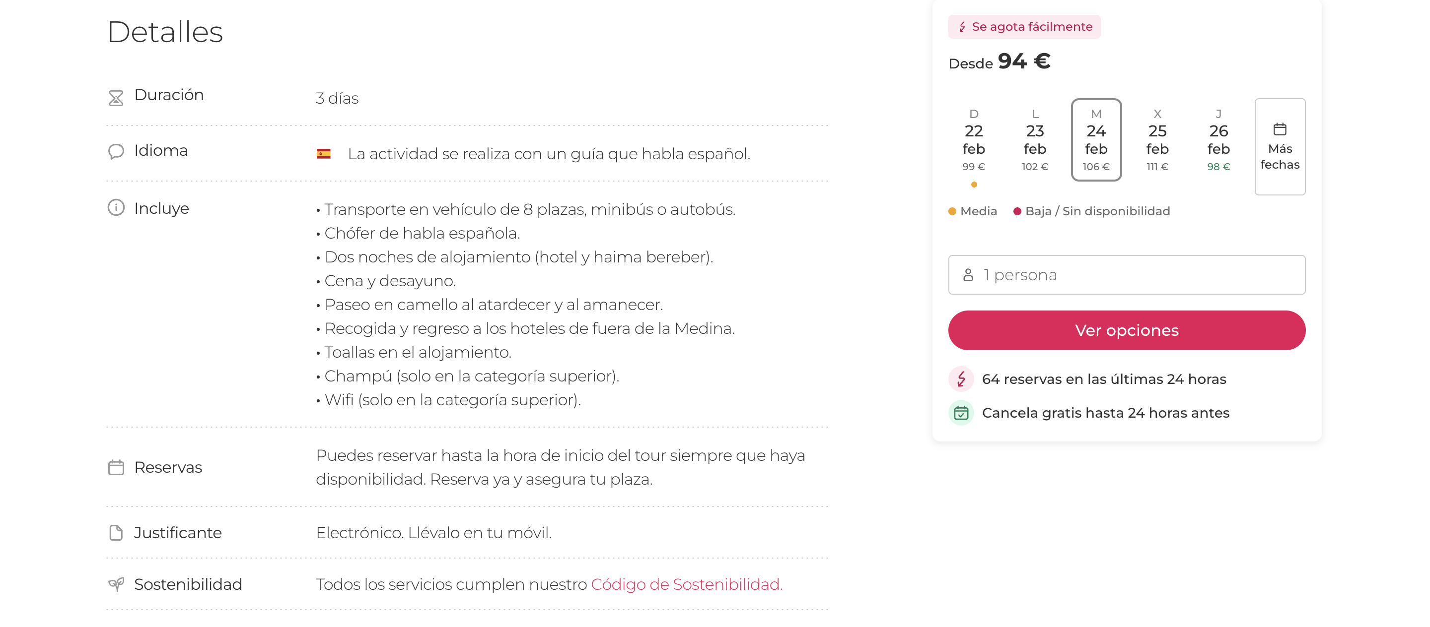 Product detail page — details and booking widget
