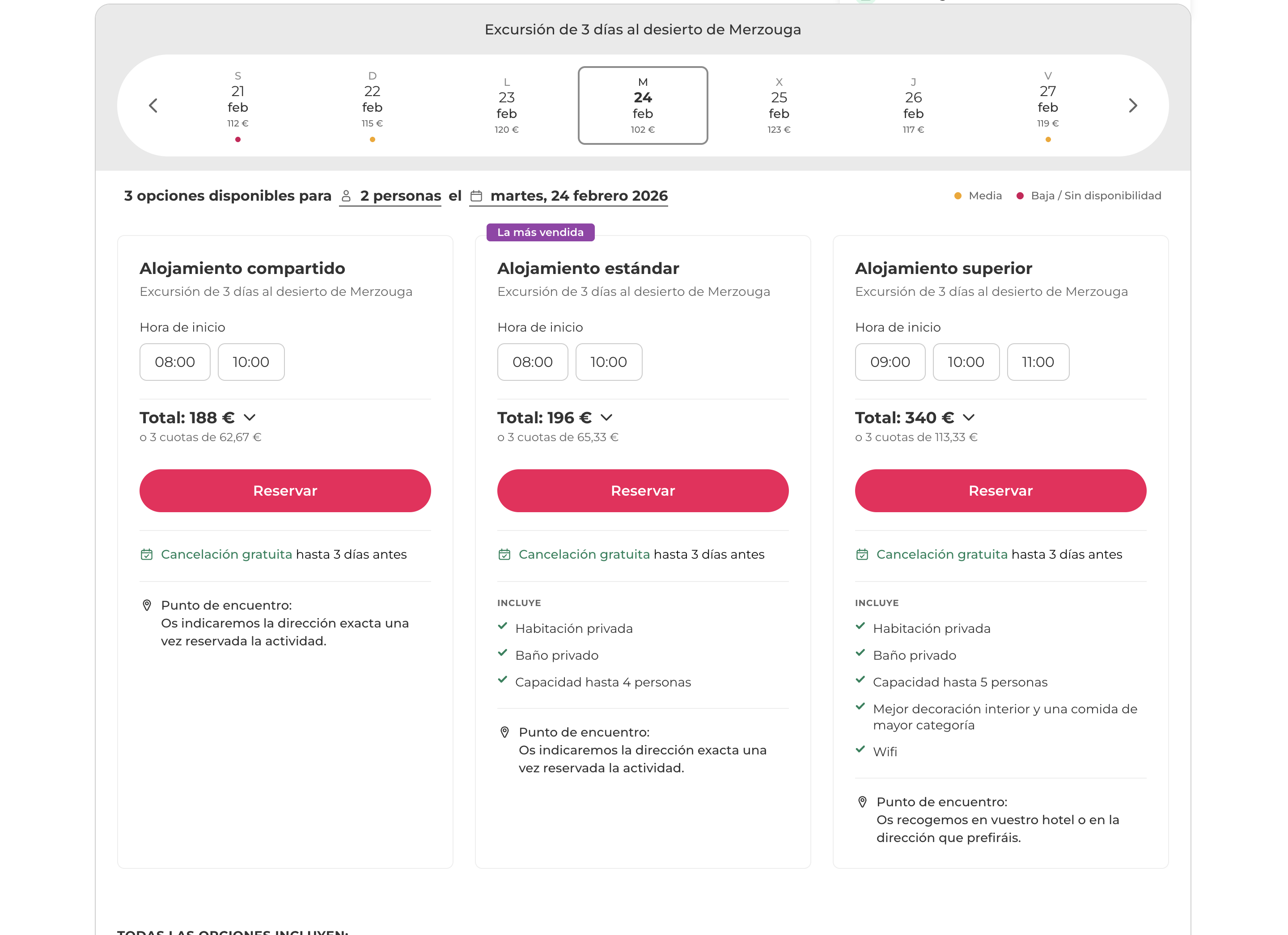 Booking options — accommodation tiers
