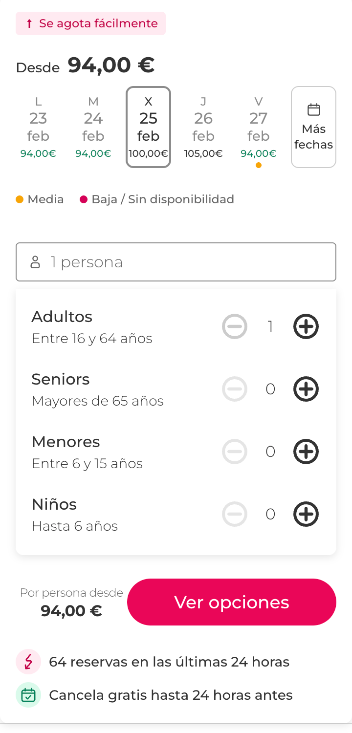 Mobile — booking widget and form