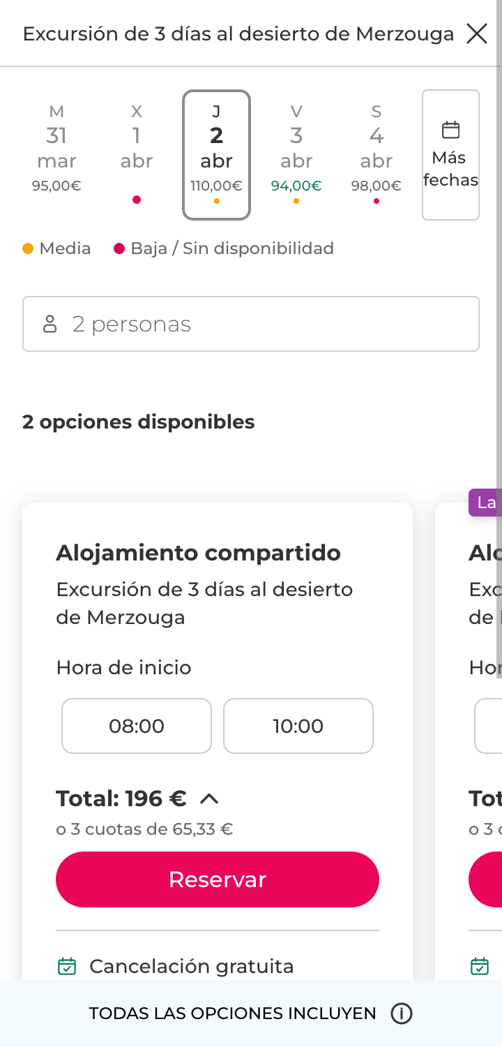 Mobile — booking options