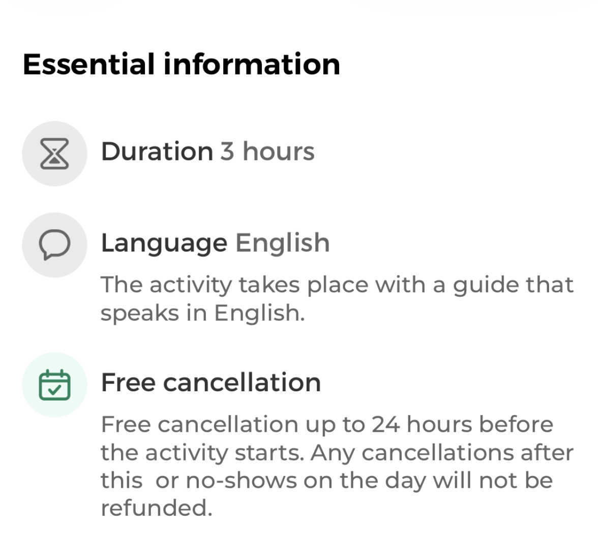 Reduce uncertainty — essential information with duration, language, and free cancellation