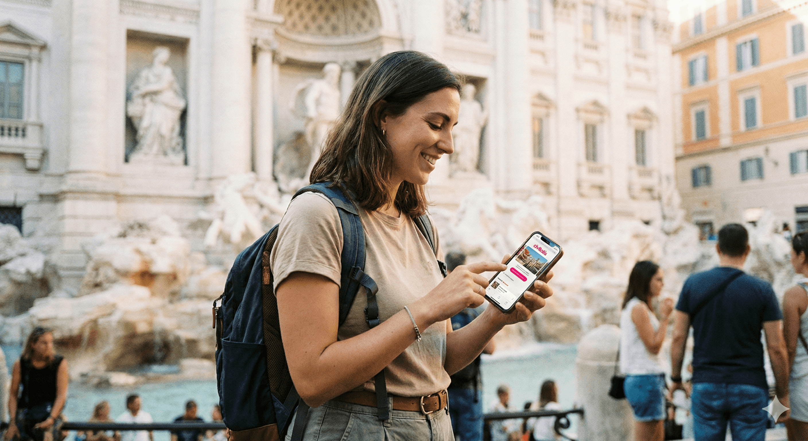 UX Strategy — traveler using Civitatis mobile app at Trevi Fountain